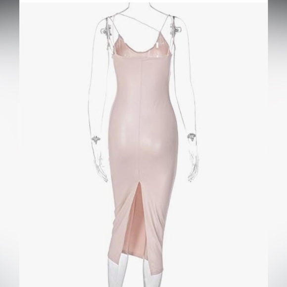 Nude stretch dress Sexy long bodycon midi sheath tank spaghetti strap slit club - Picture 2 of 2